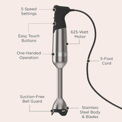 Vitamix 5-Speed Immersion Blender 5-Piece Bundle, 625-Watt Motor, One-Handed Operation, 5 ft cord, includes Mini-Chopper, Blending Jar, Whisk Attachment & Storage Case, Stainless Steel/Black